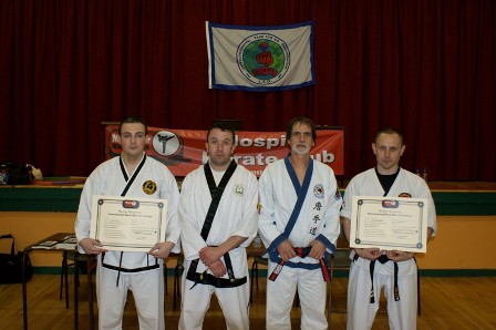 Black Belt Students Mr Peter McLoughlin & Mr John O'Brien, Master Forde and Master Giacobbe