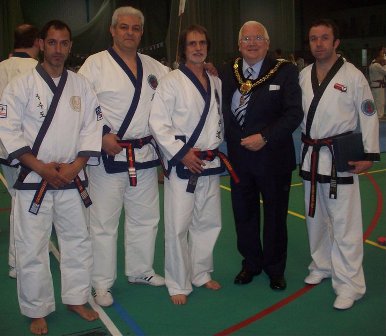 From left to right, Master Christodoulou (Greece), Master Bellarino (Italy), Grand Master Giacobbe, Lord Mayor of Cardiff Keith Hyde & Master Pat Forde.